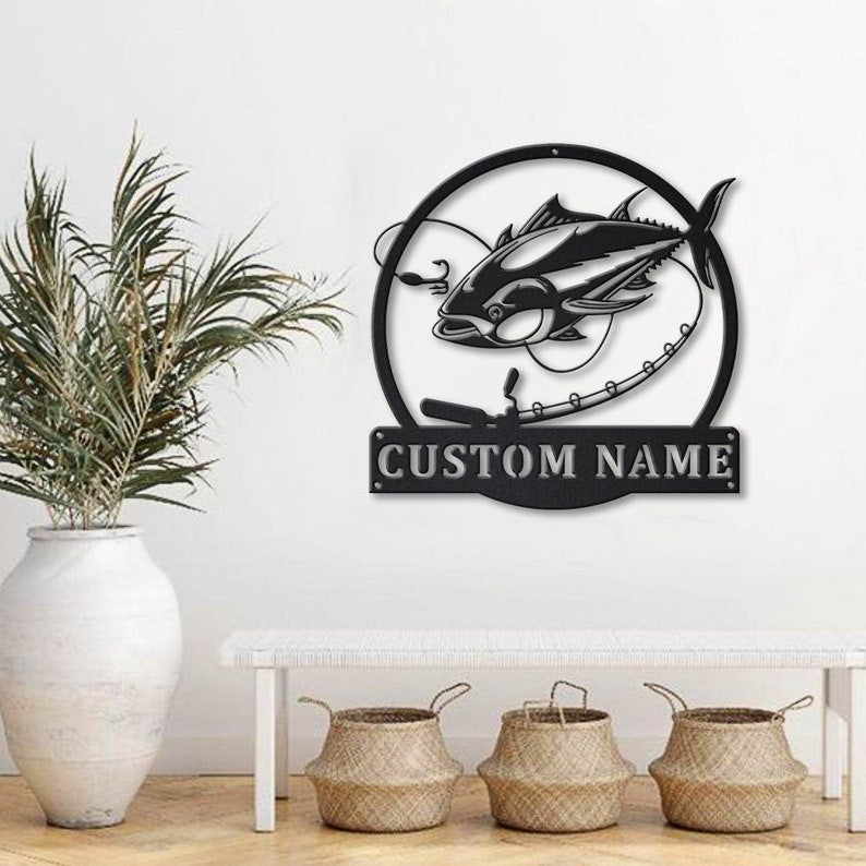 Personalized Tuna Fishing Fish Pole Metal Sign Art Custom Tuna Fishing Metal Sign Tuna Fishing Gifts for Men Tuna Fishing Gift