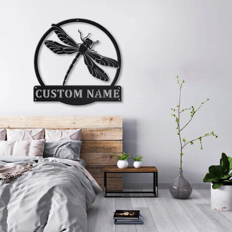 Personalized Dragonfly Monogram Metal Sign Art Metal Wall Art Custom Dragonfly Metal Sign Housewarming Outdoor Metal Sign