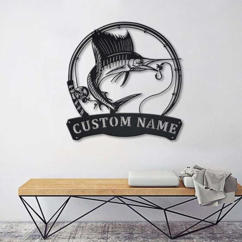 Personalized Sailfish Fishing Fish Pole Metal Sign Art Custom Sailfish Fishing Metal Sign Sailfish Fishing Gift Decor Decoration