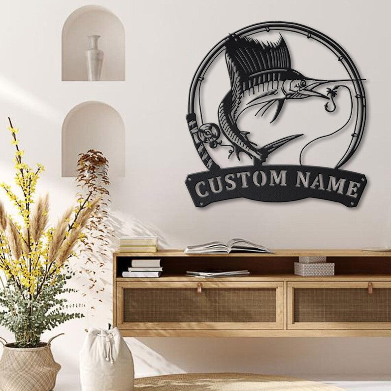 Personalized Sailfish Fishing Fish Pole Metal Sign Art Custom Sailfish Fishing Metal Sign Sailfish Fishing Gift Decor Decoration