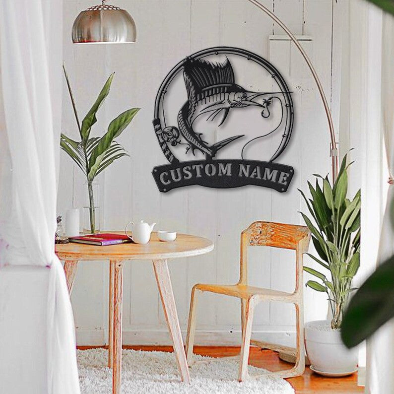 Personalized Sailfish Fishing Fish Pole Metal Sign Art Custom Sailfish Fishing Metal Sign Sailfish Fishing Gift Decor Decoration