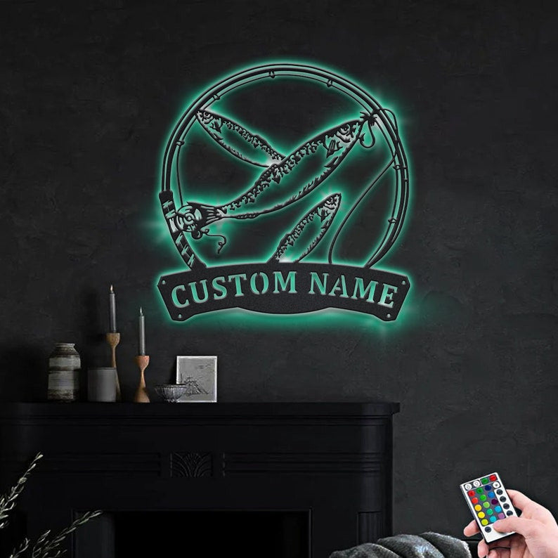 Personalized Sardine Fishing Fish Pole Monogram Metal Sign WITH LED/WITHOUT LED Lights Custom Sardine Fishing Metal Sign Sardine Fishing Gifts