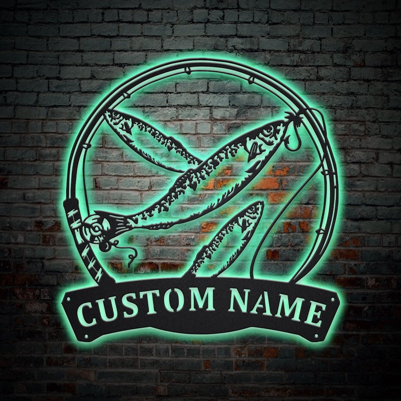 Personalized Sardine Fishing Fish Pole Monogram Metal Sign WITH LED/WITHOUT LED Lights Custom Sardine Fishing Metal Sign Sardine Fishing Gifts