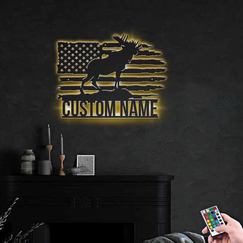 Personalized US Moose Metal Sign WITH LED/WITHOUT LED Lights v2 Custom US Moose Metal Sign Moose Hunting Home Decor