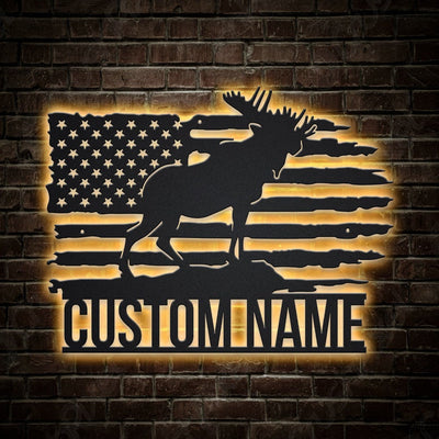 Personalized US Moose Metal Sign WITH LED/WITHOUT LED Lights v2 Custom US Moose Metal Sign Moose Hunting Home Decor