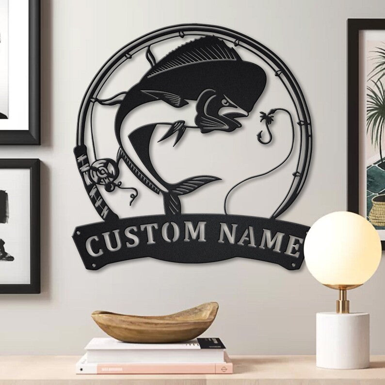 Personalized Mahi-Mahi Fishing Fish Pole Metal Sign Art Custom Mahi-Mahi Fishing Metal Sign Fishing Gifts Funny Mahi-Mahi Fishing Gift
