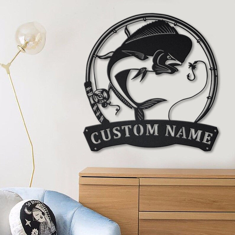 Personalized Mahi-Mahi Fishing Fish Pole Metal Sign Art Custom Mahi-Mahi Fishing Metal Sign Fishing Gifts Funny Mahi-Mahi Fishing Gift