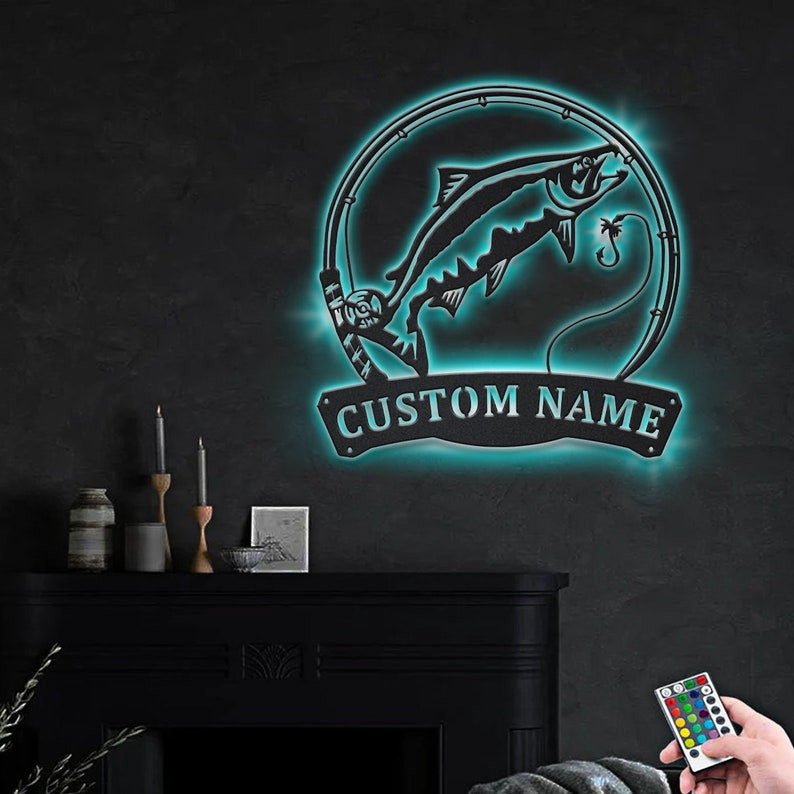 Personalized Chinook Salmon Fish Pole Monogram Metal Sign WITH LED/WITHOUT LED Lights Custom Chinook Salmon Fishing Metal Sign Fishing Gifts