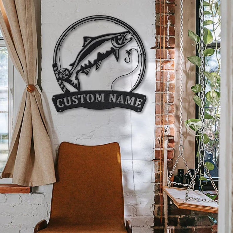 Personalized Chinook Salmon Fish Pole Monogram Metal Sign WITH LED/WITHOUT LED Lights Custom Chinook Salmon Fishing Metal Sign Fishing Gifts