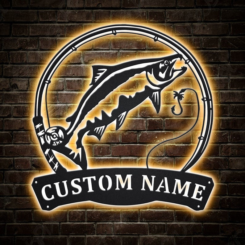 Personalized Chinook Salmon Fish Pole Monogram Metal Sign WITH LED/WITHOUT LED Lights Custom Chinook Salmon Fishing Metal Sign Fishing Gifts