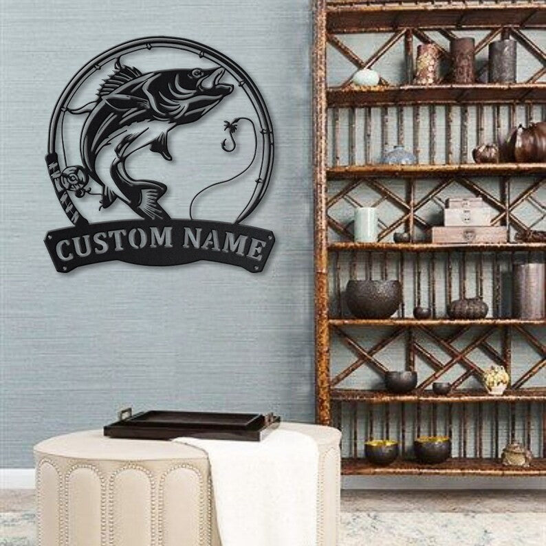 Personalized Walleye Fishing Fish Pole Monogram Metal Sign Art Walleye Fishing Fish Metal Sign Fishing Lover Sign Decoration For Living Room