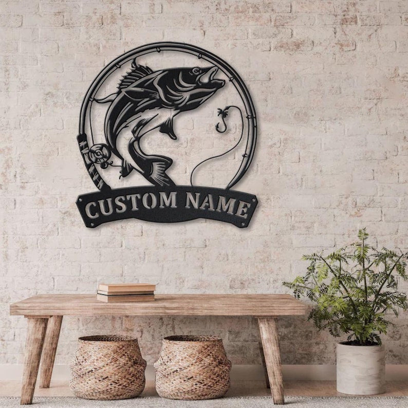 Personalized Walleye Fishing Fish Pole Monogram Metal Sign Art Walleye Fishing Fish Metal Sign Fishing Lover Sign Decoration For Living Room