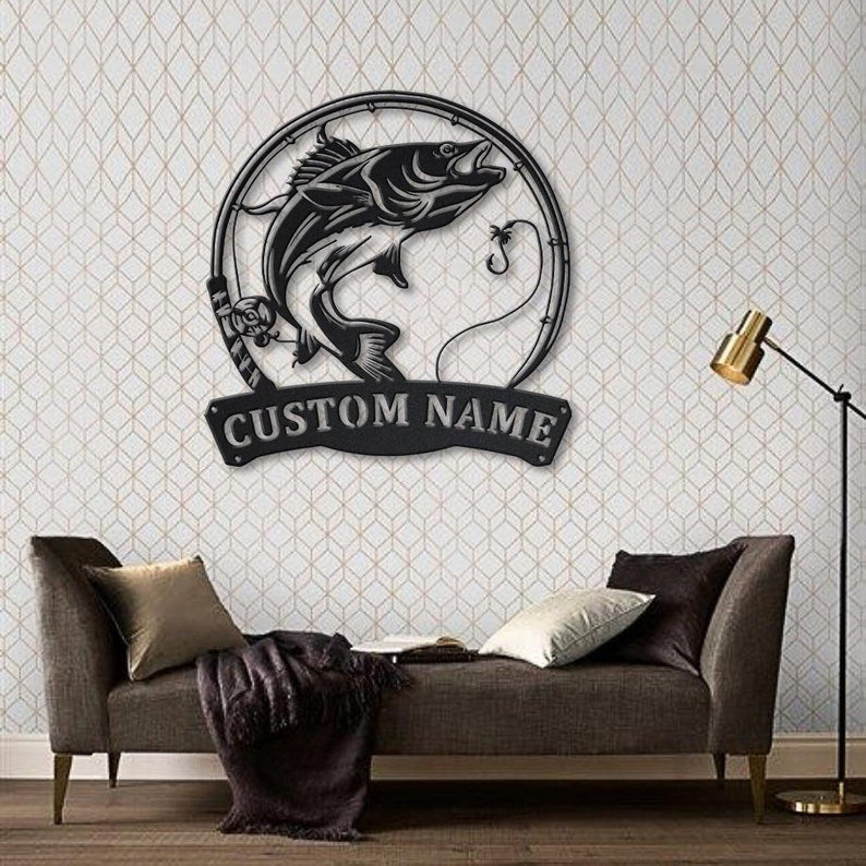 Personalized Walleye Fishing Fish Pole Monogram Metal Sign Art Walleye Fishing Fish Metal Sign Fishing Lover Sign Decoration For Living Room