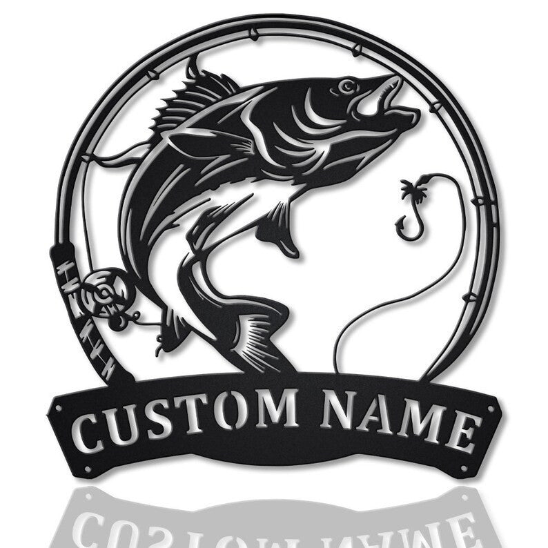 Personalized Walleye Fishing Fish Pole Monogram Metal Sign Art Walleye Fishing Fish Metal Sign Fishing Lover Sign Decoration For Living Room