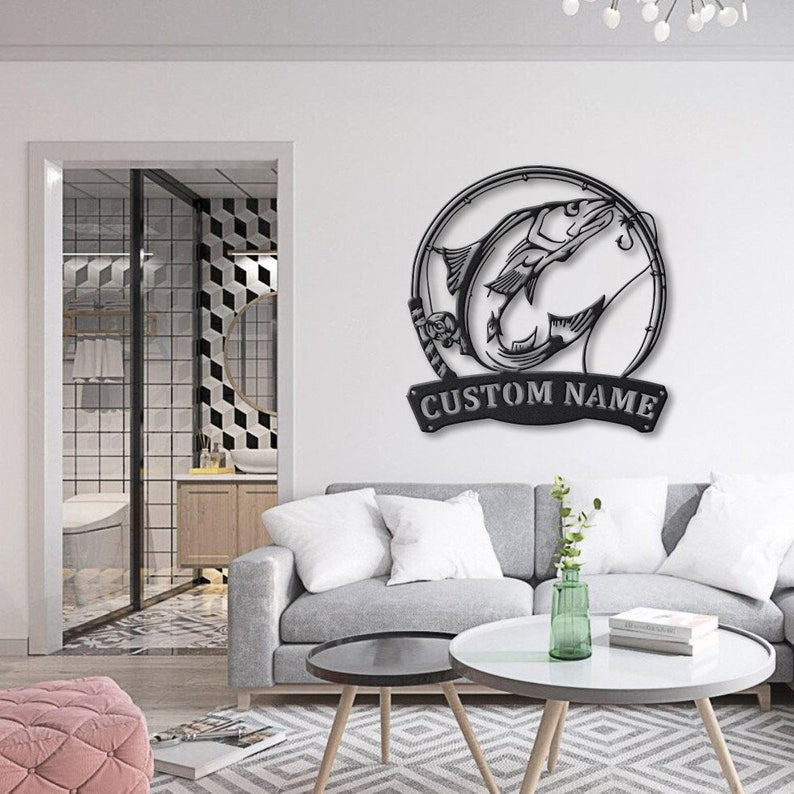 Personalized Norwegian Salmon Fishing Fish Pole Metal Sign Art Custom Salmon Fishing Monogram Metal Sign Fishing Gifts Hobbie Gift