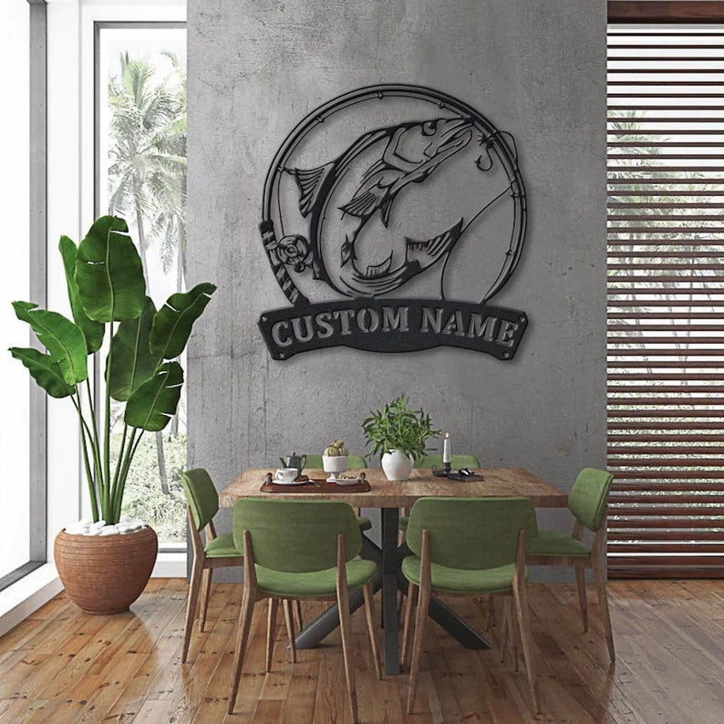 Personalized Norwegian Salmon Fishing Fish Pole Metal Sign Art Custom Salmon Fishing Monogram Metal Sign Fishing Gifts Hobbie Gift