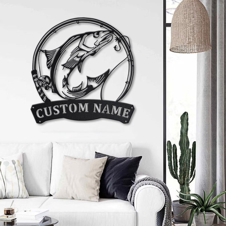 Personalized Norwegian Salmon Fishing Fish Pole Metal Sign Art Custom Salmon Fishing Monogram Metal Sign Fishing Gifts Hobbie Gift