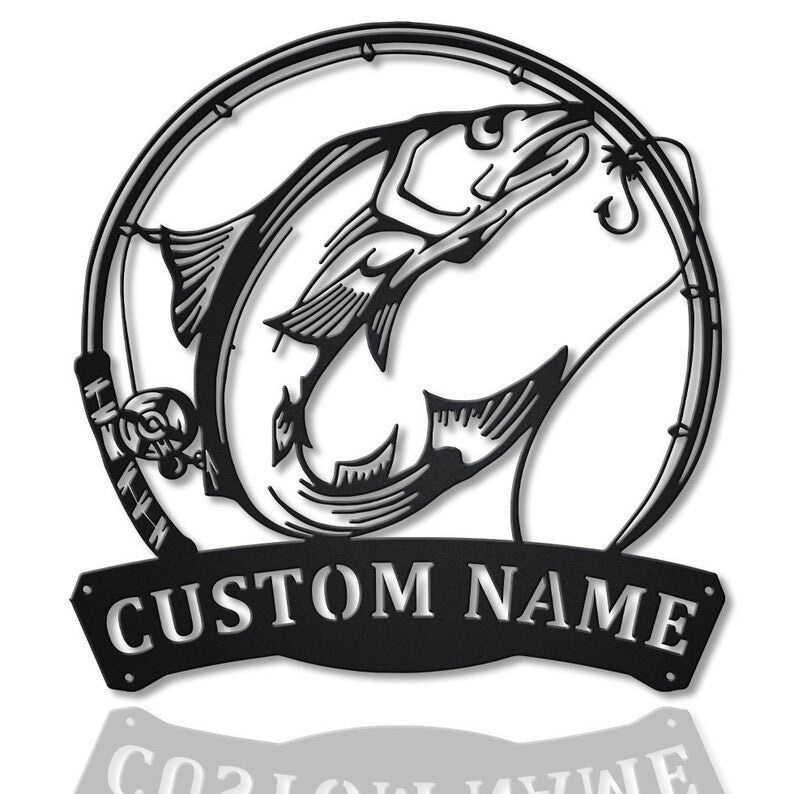 Personalized Norwegian Salmon Fishing Fish Pole Metal Sign Art Custom Salmon Fishing Monogram Metal Sign Fishing Gifts Hobbie Gift