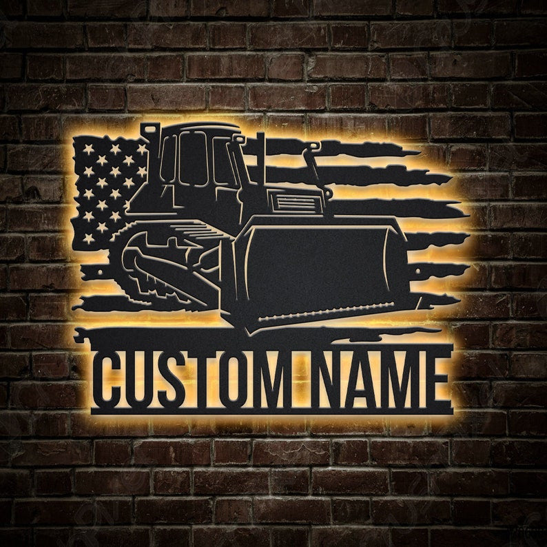 Personalized US Bulldozer Metal Sign WITH LED/WITHOUT LED Lights Custom Bulldozer Metal Sign Job Gifts Birthday Gift Bulldozer Sign