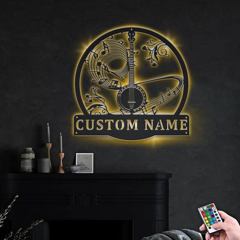 Personalized Banjo Music Monogram Metal Sign WITH LED/WITHOUT LED Lights Custom Banjo Music Metal Sign Hobbie Gifts Birthday Gift Banjo Gift