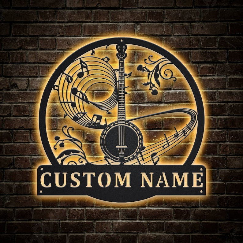 Personalized Banjo Music Monogram Metal Sign WITH LED/WITHOUT LED Lights Custom Banjo Music Metal Sign Hobbie Gifts Birthday Gift Banjo Gift