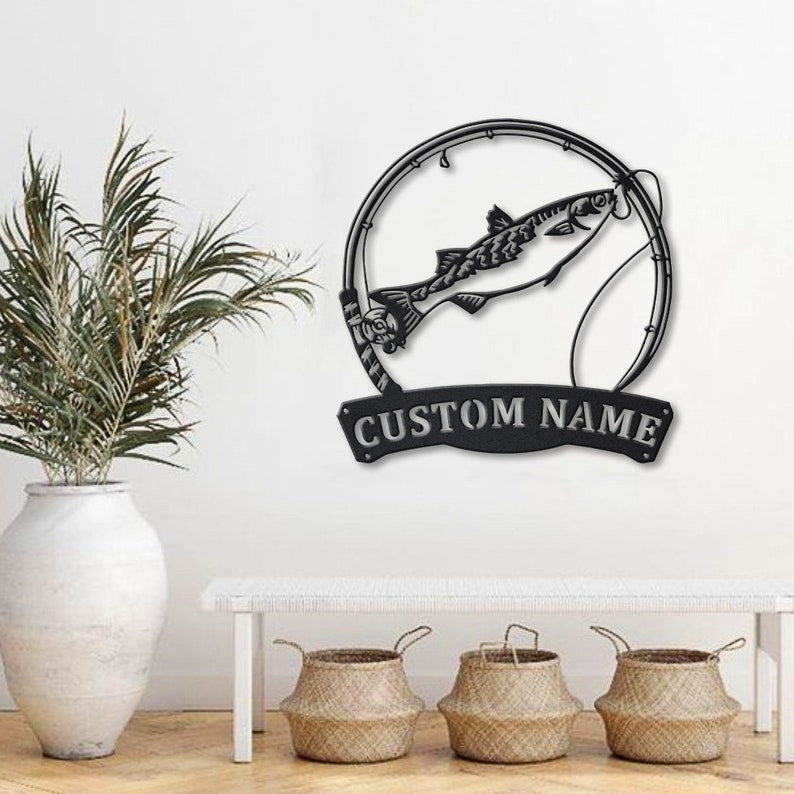 Personalized Mullet Fishing Fish Pole Monogram Metal Sign Art Mullet Fishing Metal Sign Fishing Lover Sign Decoration For Living Room