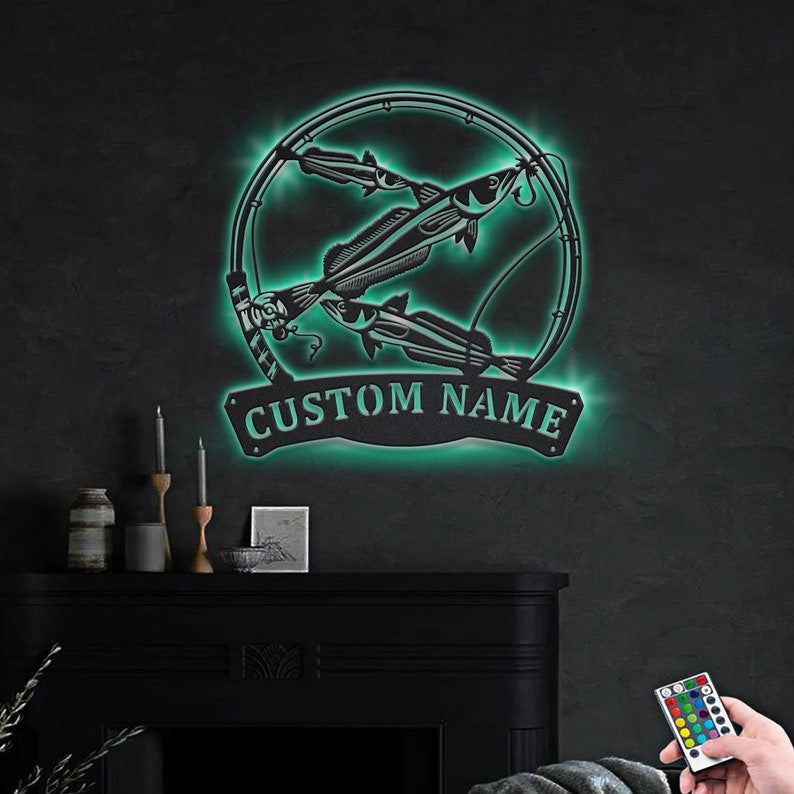 Personalized Haike Fishing Fish Pole Monogram Metal Sign WITH LED/WITHOUT LED Lights Custom Haike Fishing Metal Sign Fishing Gifts