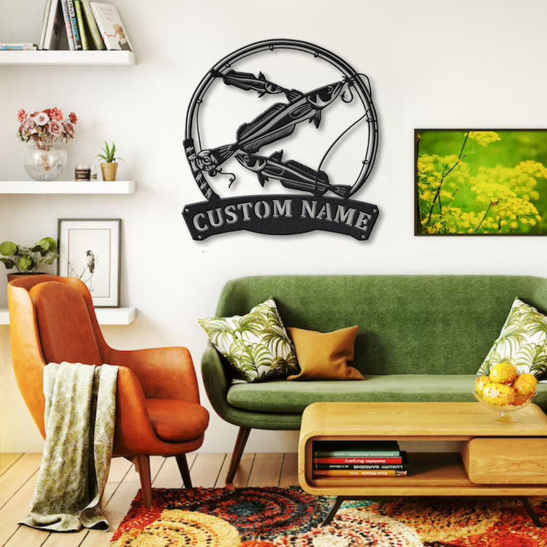 Personalized Haike Fishing Fish Pole Monogram Metal Sign WITH LED/WITHOUT LED Lights Custom Haike Fishing Metal Sign Fishing Gifts