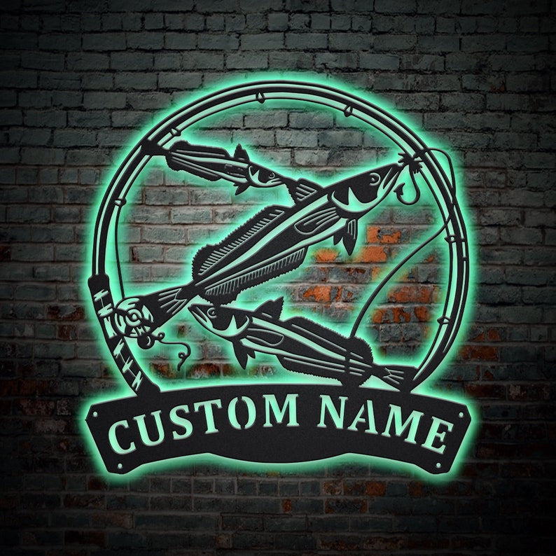 Personalized Haike Fishing Fish Pole Monogram Metal Sign WITH LED/WITHOUT LED Lights Custom Haike Fishing Metal Sign Fishing Gifts