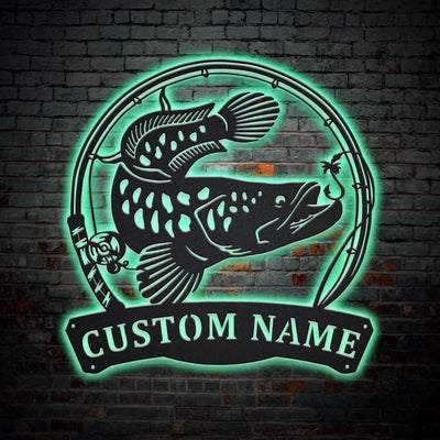 Personalized Snakehead Fish Pole Metal Sign WITH LED/WITHOUT LED Lights Custom Snakehead Sign Birthday Gift Snakehead Sign Fishing Gift