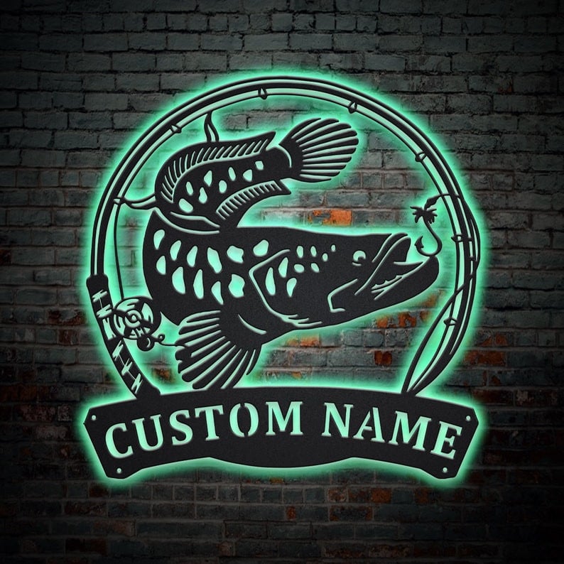 Personalized Snakehead Fish Pole Metal Sign WITH LED/WITHOUT LED Lights Custom Snakehead Sign Birthday Gift Snakehead Sign Fishing Gift