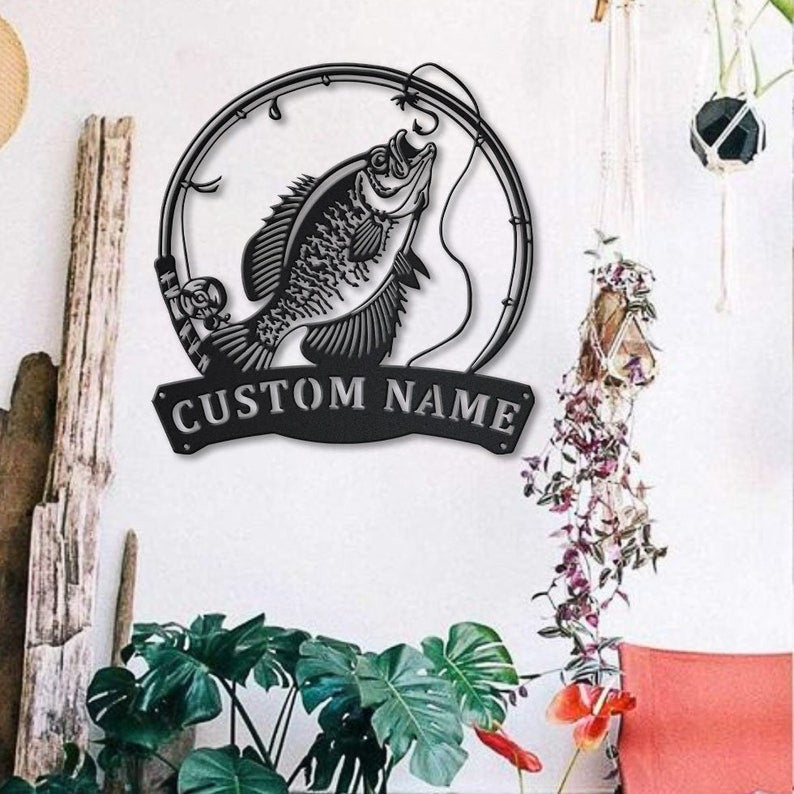 Personalized Black Crappie Fishing Fish Pole Metal Sign Art Custom Black Crappie Fishing Metal Sign Black Crappie Fishing Gift