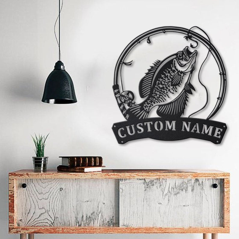 Personalized Black Crappie Fishing Fish Pole Metal Sign Art Custom Black Crappie Fishing Metal Sign Black Crappie Fishing Gift