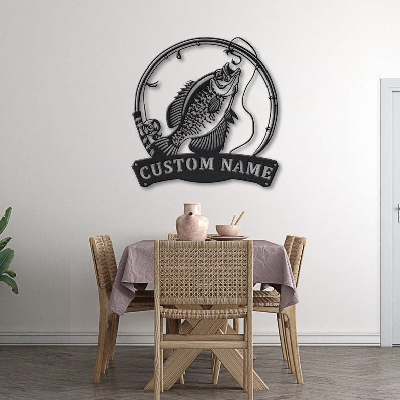 Personalized Black Crappie Fishing Fish Pole Metal Sign Art Custom Black Crappie Fishing Metal Sign Black Crappie Fishing Gift