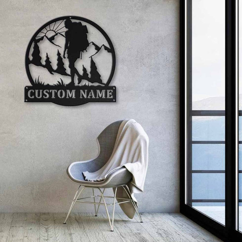 Personalized Backpacking Hiking Female Monogram Metal Sign Art Custom Backpacking Metal Sign Hobbie Gifts Sport Gift Birthday Gift