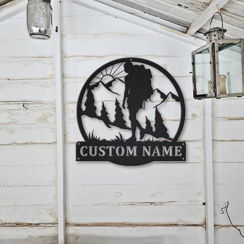 Personalized Backpacking Hiking Female Monogram Metal Sign Art Custom Backpacking Metal Sign Hobbie Gifts Sport Gift Birthday Gift