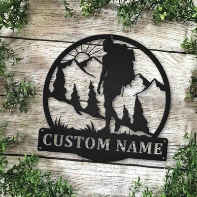 Personalized Backpacking Hiking Female Monogram Metal Sign Art Custom Backpacking Metal Sign Hobbie Gifts Sport Gift Birthday Gift