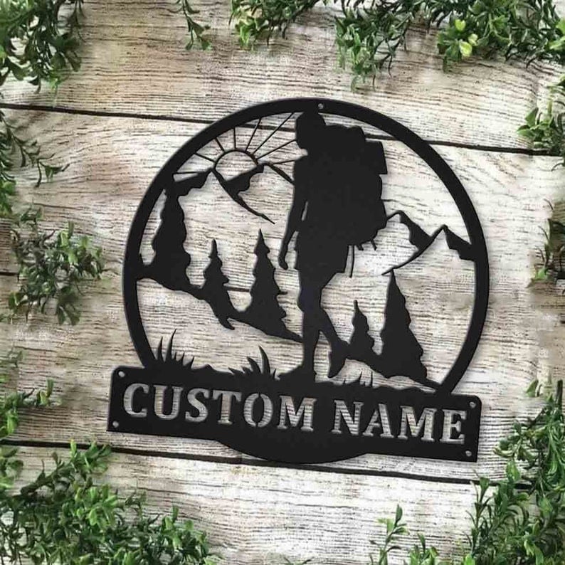 Personalized Backpacking Hiking Female Monogram Metal Sign Art Custom Backpacking Metal Sign Hobbie Gifts Sport Gift Birthday Gift