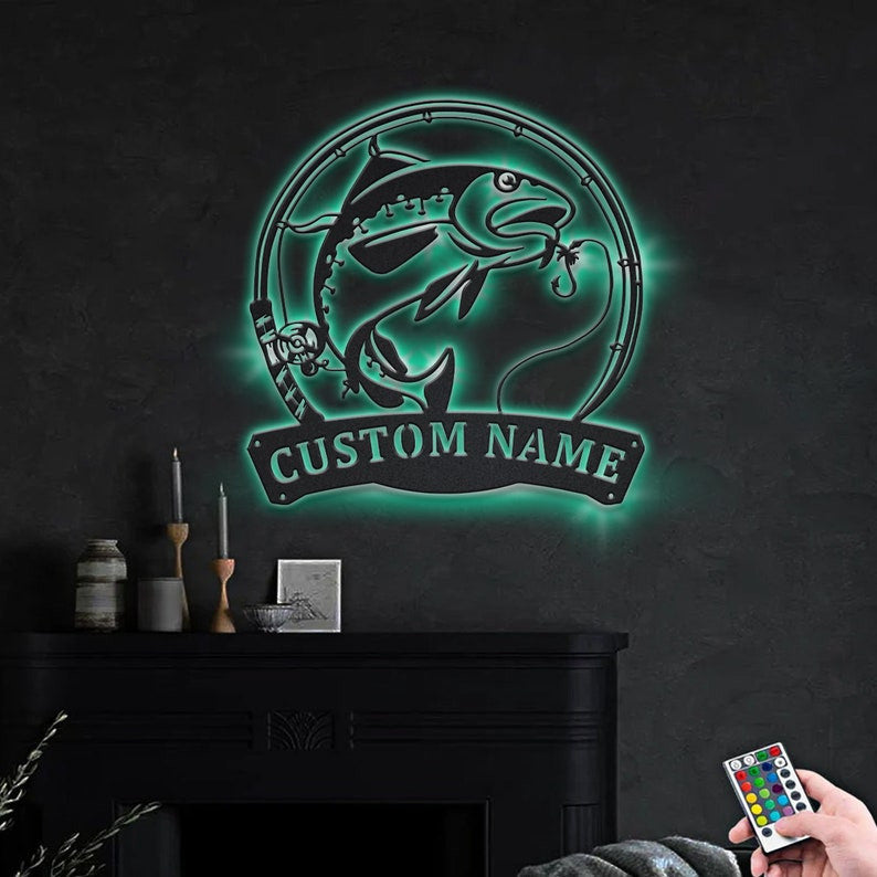 Personalized Atlantic Cod Fishing Fish Pole Monogram Metal Sign WITH LED/WITHOUT LED Lights Custom Atlantic Cod Fishing Metal Sign Hobbie Gifts