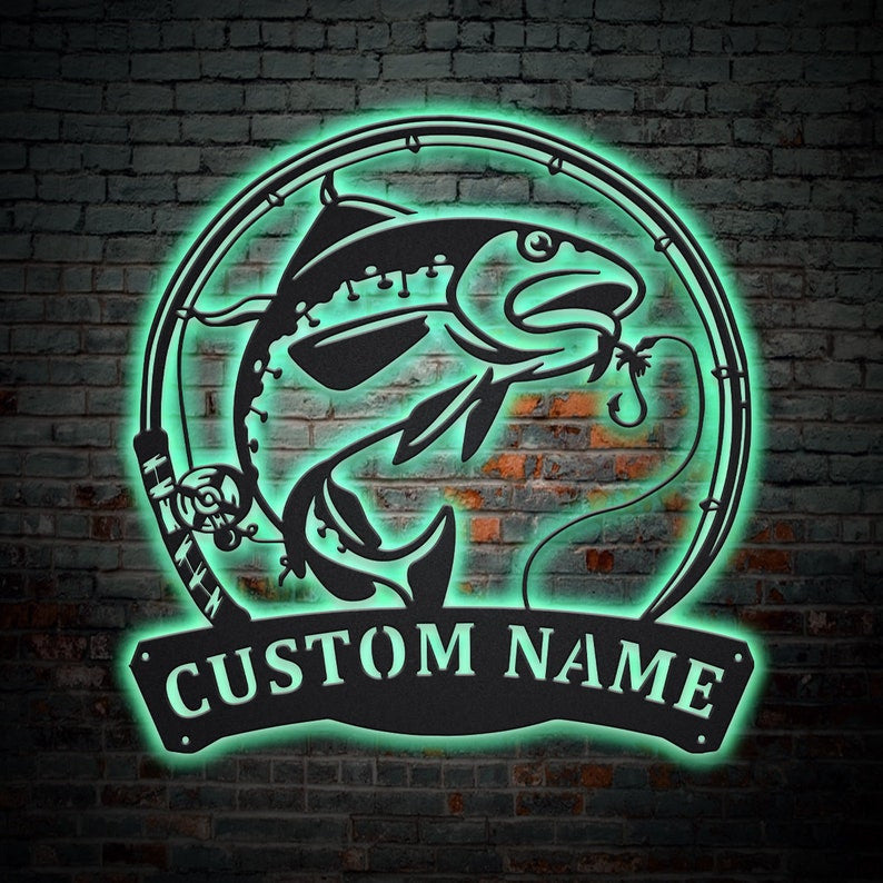 Personalized Atlantic Cod Fishing Fish Pole Monogram Metal Sign WITH LED/WITHOUT LED Lights Custom Atlantic Cod Fishing Metal Sign Hobbie Gifts