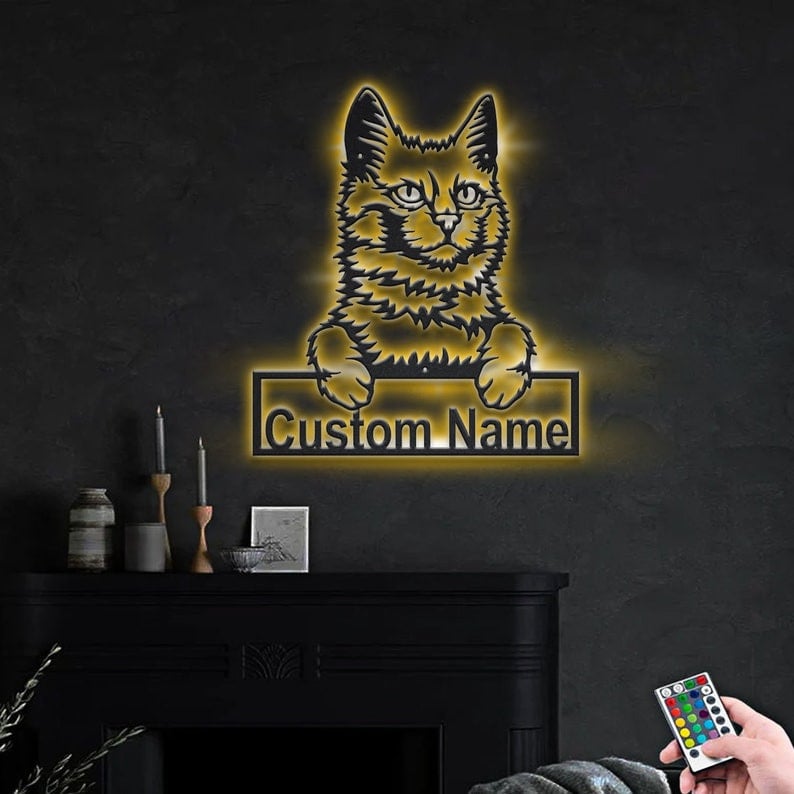 Personalized Turkish Angora Cat Metal Sign WITH LED/WITHOUT LED Lights Custom Turkish Angora Cat Metal Sign Birthday Gift Cat Sign