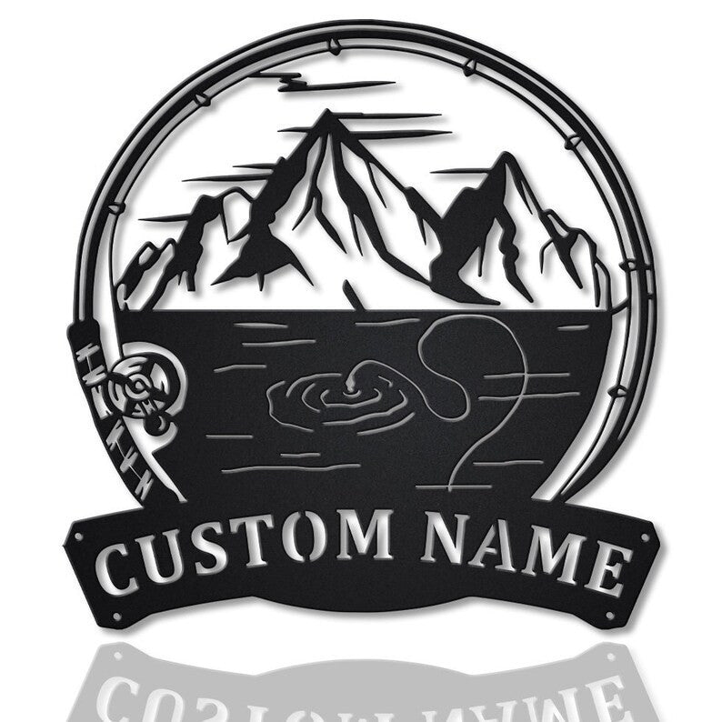 Personalized Mountains Fishing Fish Pole Monogram Metal Sign WITH LED/WITHOUT LED Lights Custom Mountains Fishing Metal Sign Fishing Gifts