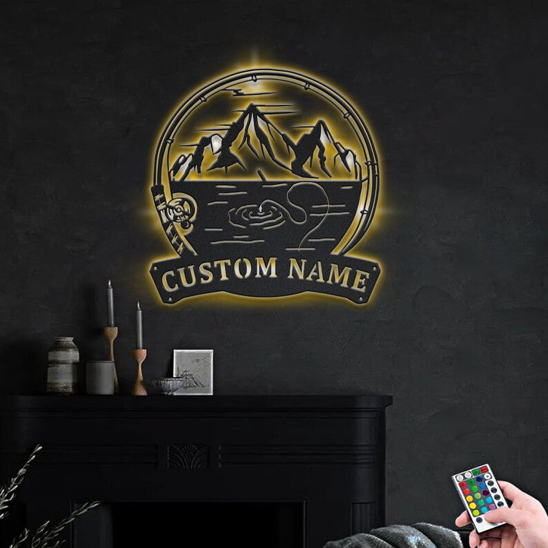 Personalized Mountains Fishing Fish Pole Monogram Metal Sign WITH LED/WITHOUT LED Lights Custom Mountains Fishing Metal Sign Fishing Gifts