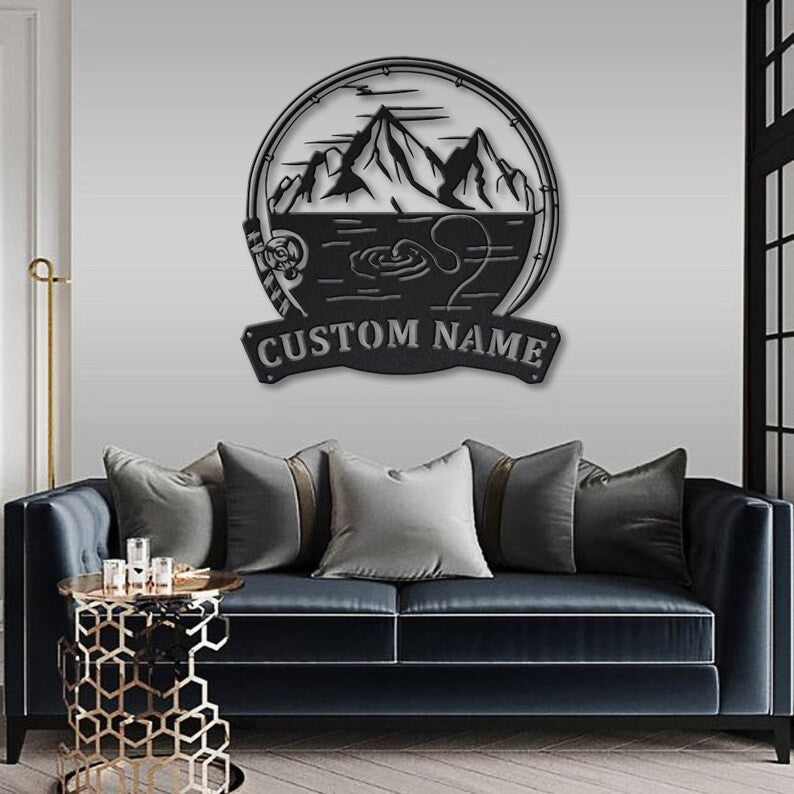 Personalized Mountains Fishing Fish Pole Monogram Metal Sign WITH LED/WITHOUT LED Lights Custom Mountains Fishing Metal Sign Fishing Gifts