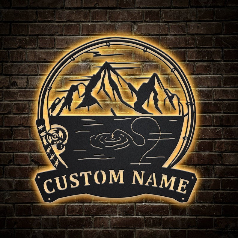 Personalized Mountains Fishing Fish Pole Monogram Metal Sign WITH LED/WITHOUT LED Lights Custom Mountains Fishing Metal Sign Fishing Gifts