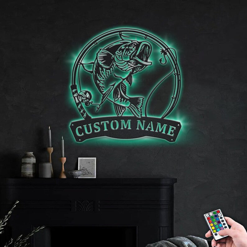 Personalized Largemouth Bass Fish Pole Monogram Metal Sign WITH LED/WITHOUT LED Lights Custom Largemouth Bass Metal Sign Fishing Gifts