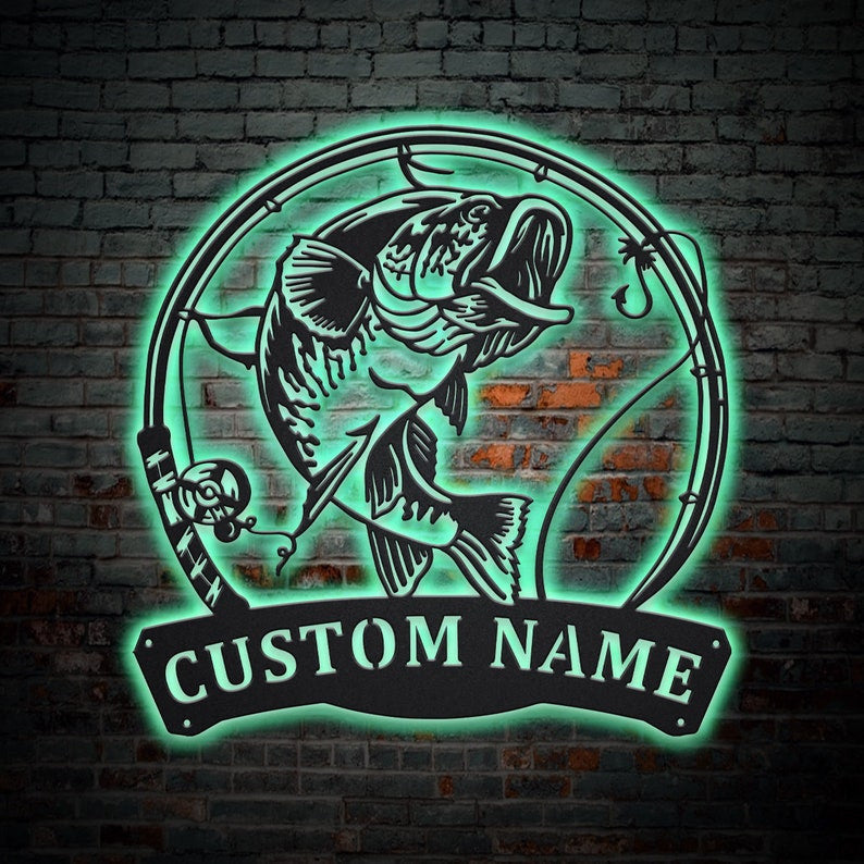 Personalized Largemouth Bass Fish Pole Monogram Metal Sign WITH LED/WITHOUT LED Lights Custom Largemouth Bass Metal Sign Fishing Gifts