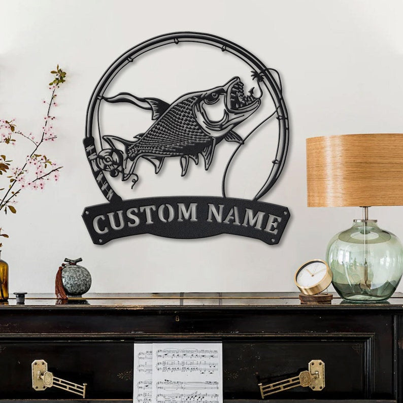 Personalized Tigerfish Fishing Fish Pole Monogram Metal Sign WITH LED/WITHOUT LED Lights Custom Tigerfish Fishing Metal Sign Fishing Gifts