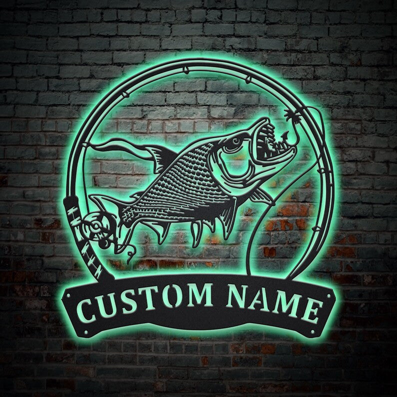 Personalized Tigerfish Fishing Fish Pole Monogram Metal Sign WITH LED/WITHOUT LED Lights Custom Tigerfish Fishing Metal Sign Fishing Gifts