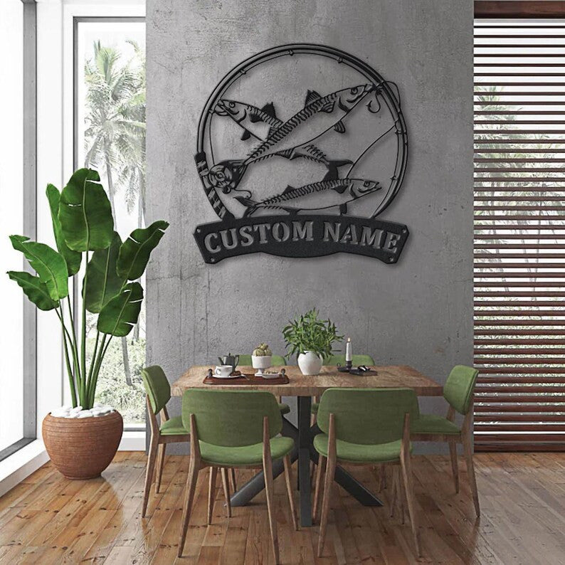 Personalized Mackerel Fishing Fish Pole Metal Sign Art Custom Mackerel Fishing Monogram Metal Sign Fishing Gifts Hobbie Gift